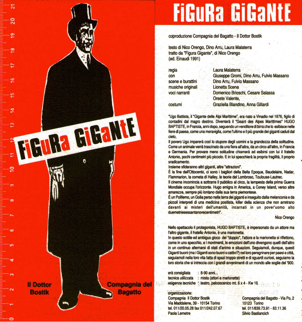 Locandina di Figura Gigante, Laura Malaterra, teatro, Compagnia del Bagatto, Il Dottor Bostik, Nico Orengo, Dino Arru, Giuseppe Gromi, Fulvio Massano, Lionetta Scena